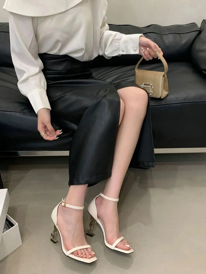 Sexy Letter High Heel Sandals Summer New One Strap Buckle Women's Shoes Square Head Thin Heel Sandals Fragrant Style EVA Materia