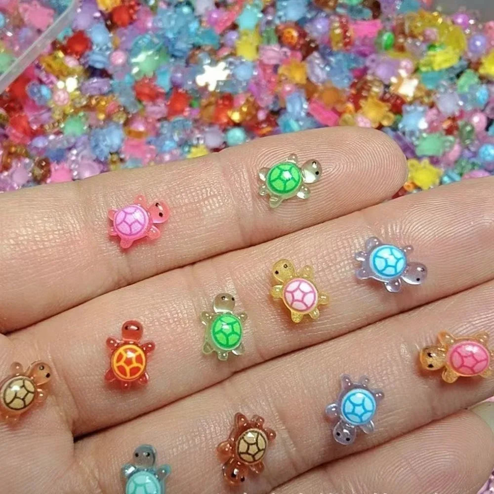 100Pcs Cartoon 3D Luminous Turtle Night Glow DIY Miniature Figurines Dopamine Colored Mini Turtle Nail Charms
