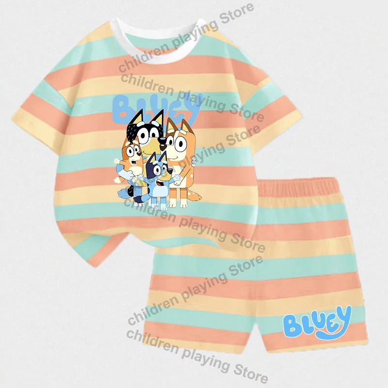 Blueyi Series Child Stripes Sets Summer Girls Boys T-Shirt Shorts Suits Cartoon Bingo Casual Sport Clothes Kids Sleepwear Gifts
