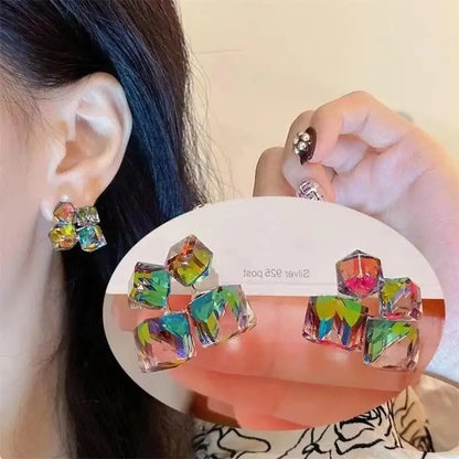 925 Silver Needle Korean Fashion Double V Crystal Earrings For Women Jewelry 2026 Trending Luxury Women's Earrings Behind Ear