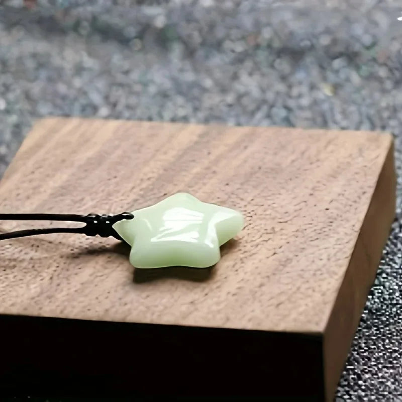 Glow-in-the-Dark Star Lucky Jade Pendant Necklace Set Adjustable Rope Sporty/Cute Style for Outdoor Adventures & Music Festivals