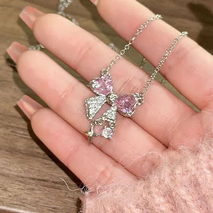 Fashion Fairy Pink Crystal Bow Knot Pendant Necklaces Y2K Girls Sweet Rhinestone Heart Clavicle Chain Women Jewelry Gifts
