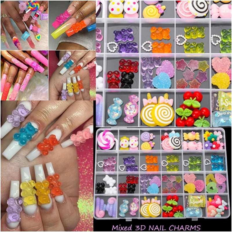 20PCS Multi Shape Kawaii Accessories Nail Art Charms Sweet Candy Gummy Bear Lollipop Resin Nail Art Rhinestones Decoration Parts