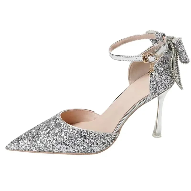 French Wedding Shoes Crystal Butterfly Knot Pointed Toe High Heels Sparkling Maids of Honor Single Shoes Spring Autumn New Style