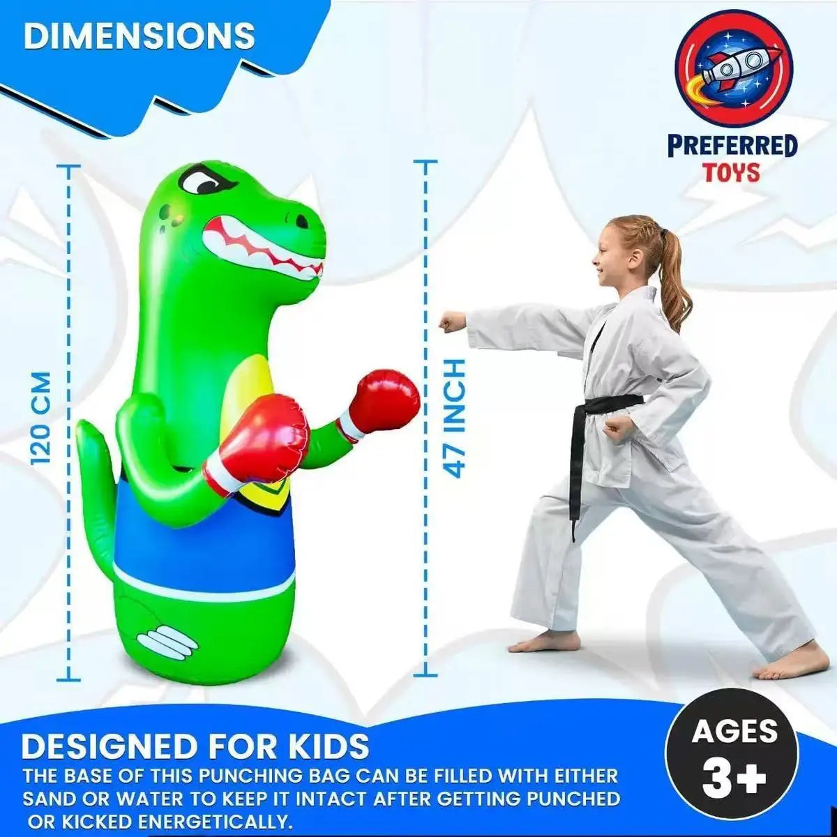 Inflatable boxing tumbler green Tyrannosaurus rex children's anger sports props boxing cover water spray toy dinosaur column