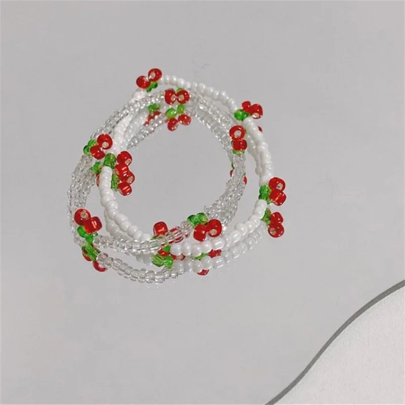 1PC Summer Niche Fresh White Crystal Beaded Bracelet Hand-woven Stylish Simplicity Cherry Bracelet Jewelry Girls Party Gifts