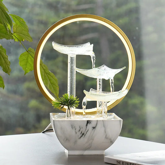 Zen Water Fountain for Desk - Glass Lotus Tabletop Fountain with LED, Feng Shui Home/Office Decor