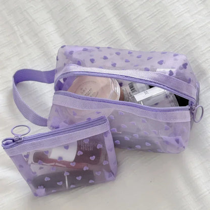 Women Cosmetic Storage Bag Travel Organizer Holder Purse Purple Heart Printed Nylon Mesh Make Up Bag Clear Cute Makeup Bag Pouch
