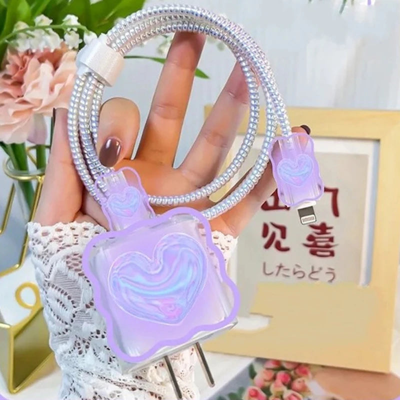 5pcs-set Heart Flower Wave Edge Charger Protective Cover Suitable for iPhone Models 12 13 14 15 Supports 18W 20W Fast Charging