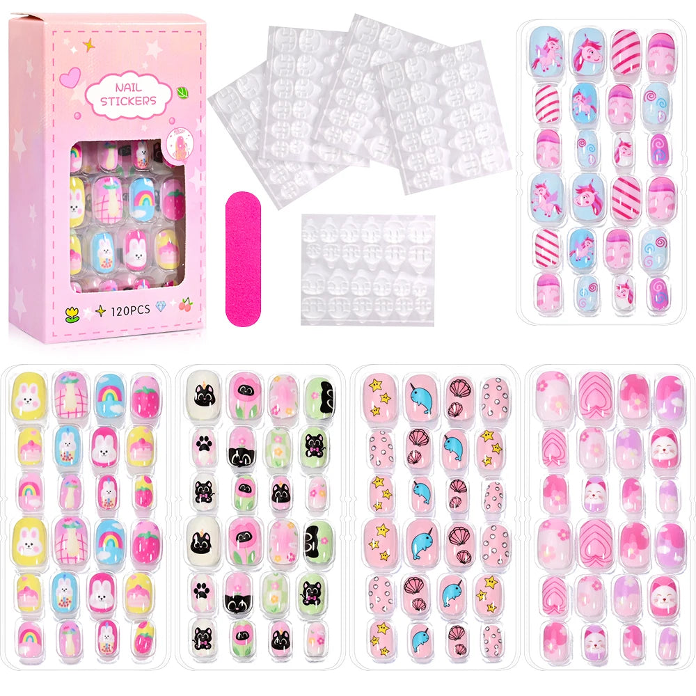 120pc/Box Kid's Christmas Press On Nails Kawaii Cartoon Santa Snowman Xmas Tree Full Cover Acrylic False Nail Kid Christmas gift