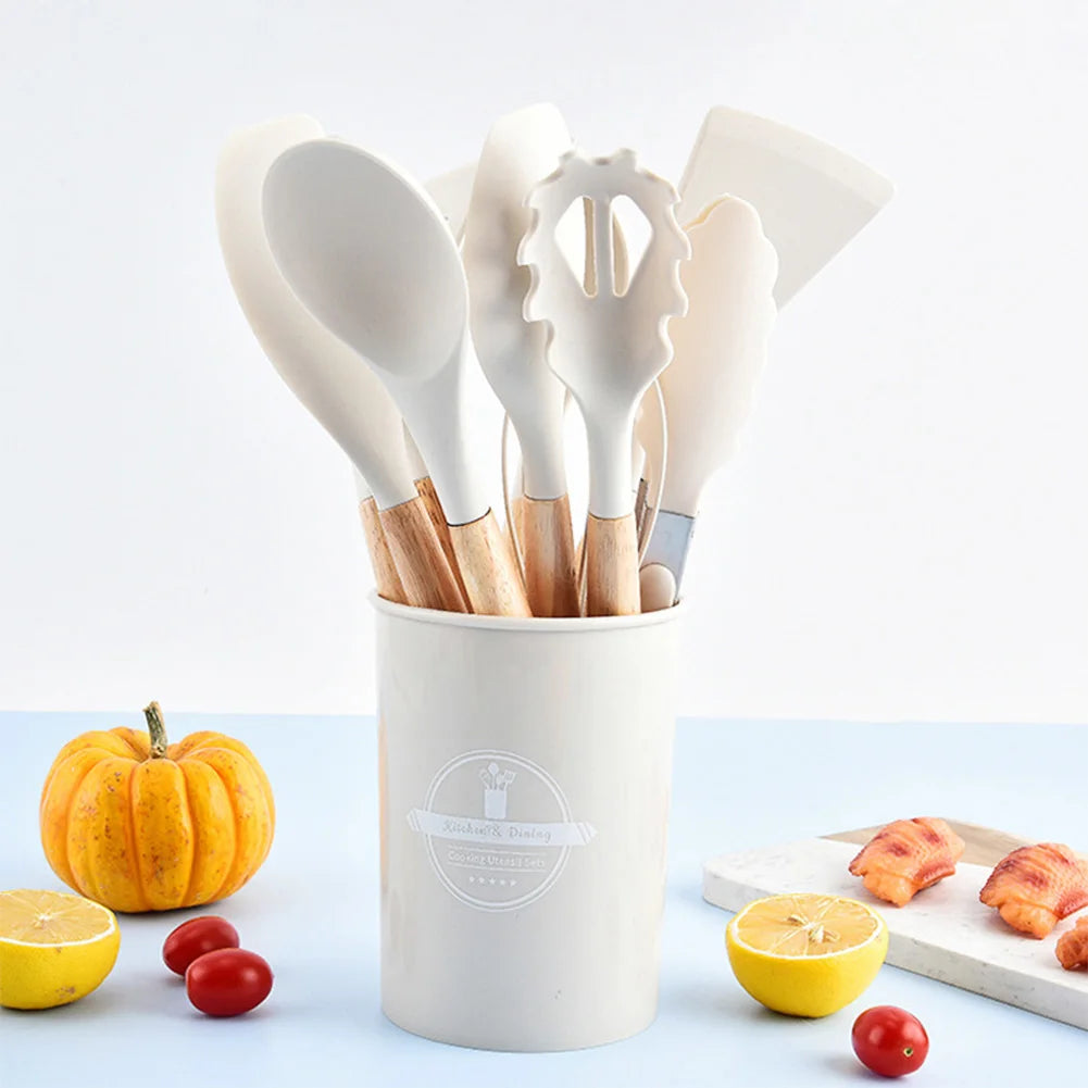 12Pcs Kitchen Utensil Set Heat-Resistant Cookware with Holder Non-Stick Spatula Set Spatula Spoon Brush Whisk for Home Kitchen