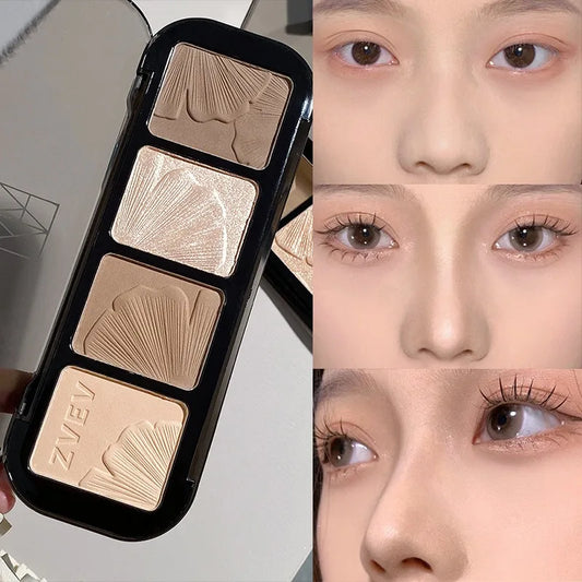 4-in-1 Contour Highlighter Palette Matte Bronzer & Shimmer Highlighter Compact Nose Contour Powder Face Sculpting Makeup Palette