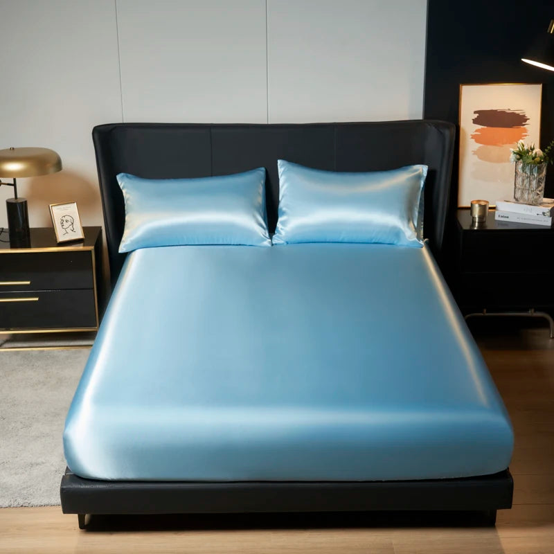 1Pc Satin Fitted Sheet Solid Colour Twin Full Queen Ice Silk Mattress Cover Natural With Elastic Band Bed Sheet (No Pillowcase)