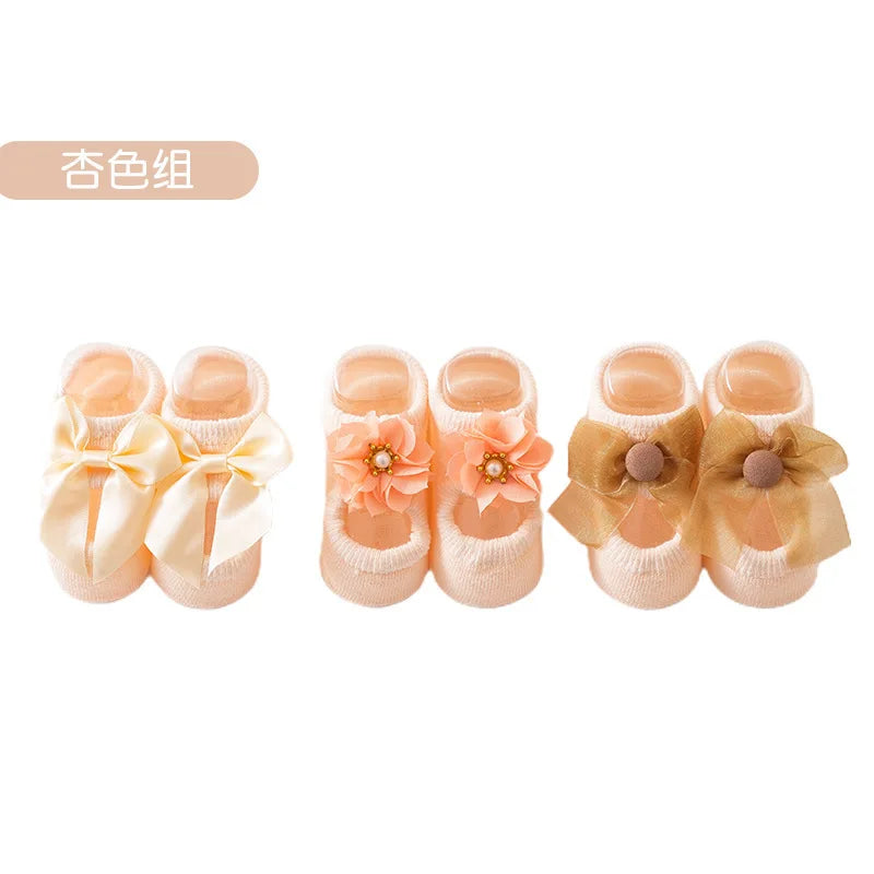 1 Pair Cute Baby Socks Girls Spring Newborn Kids Flower Bowknot Lace Non-slip Children Floor Anti Skid Toddler Slipper