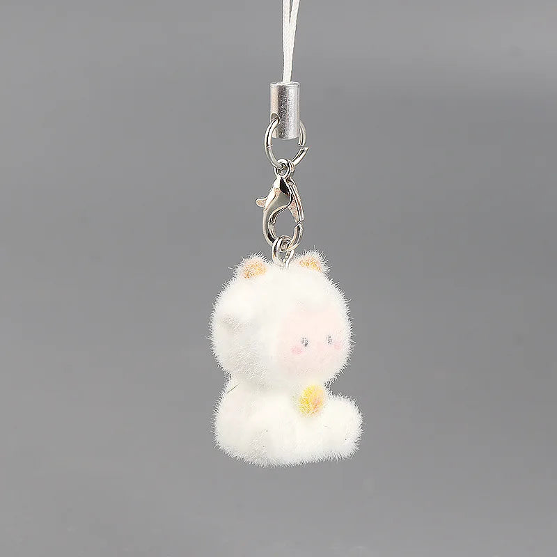 Cute Plush 3D Cat Keychain Creative Flocking Animal Pendant Bag Phone Lanyard Hanging Keycord Charm Keychain DIY Accessories