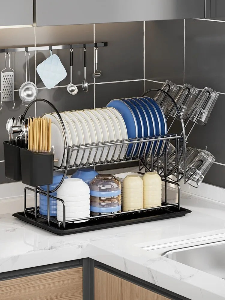 2 tier dish drying rack drain board set tableware drainer Kitchen countertop storage rack cup holder Knife and fork holder
