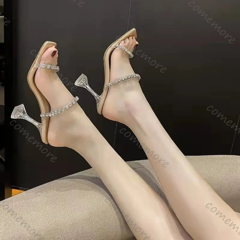 Comemore High Heels Crystal Women Slippers Fashion Open Toe Sandals Summer New Party Transparent Pumps Stilettos Dress Slides