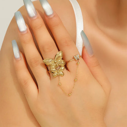 Letdiffery New Double-Finger Flower Rings for Women Stainless Steel Heart Butterly Zircon Charm Adjustable Open Rings Jewelry