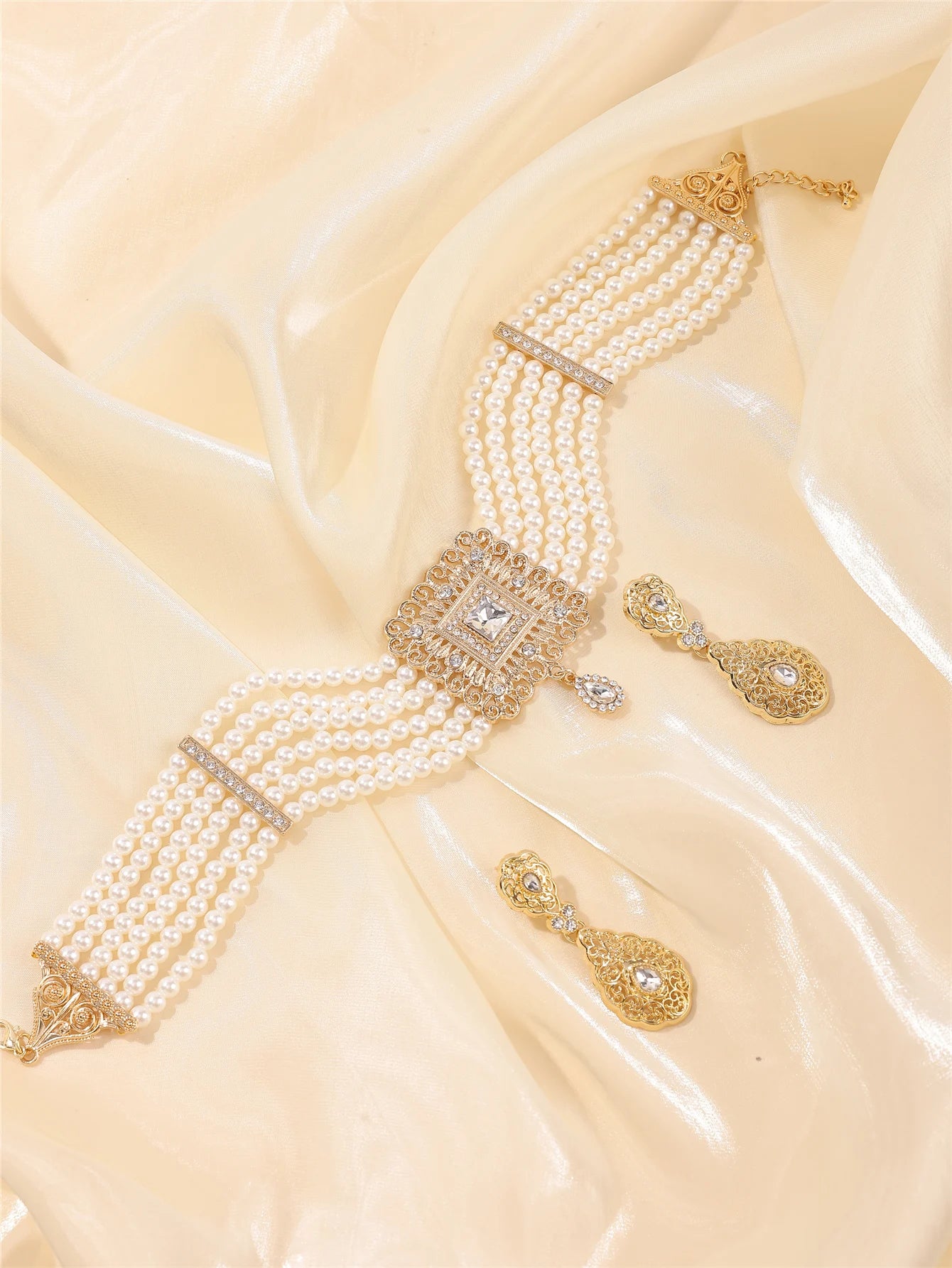 Moroccan Women's Pearl Jewelry Set Luxurious Vintage Style Necklace Earrings, Bridal Wedding Party Accessories
