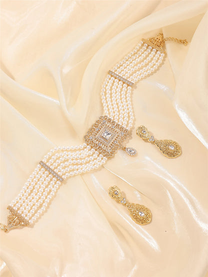 Moroccan Women's Pearl Jewelry Set Luxurious Vintage Style Necklace Earrings, Bridal Wedding Party Accessories