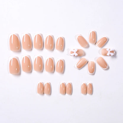 24Pcs White French Square Press on Nails with 3D Bowknot Full Cover Short False Nail Wearable Fake Fingertip for Women&Girls DIY