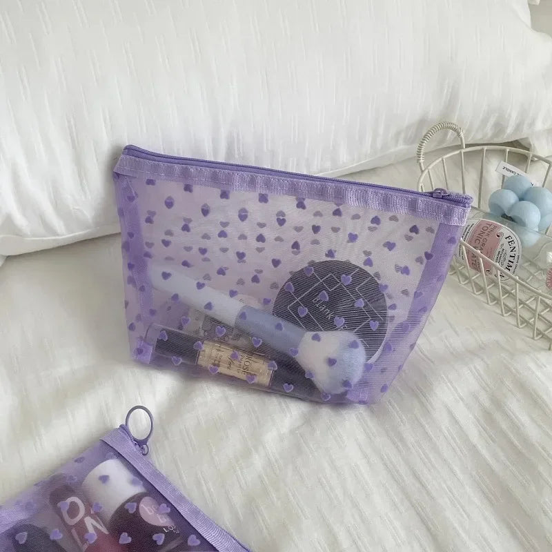 Women Cosmetic Storage Bag Travel Organizer Holder Purse Purple Heart Printed Nylon Mesh Make Up Bag Clear Cute Makeup Bag Pouch