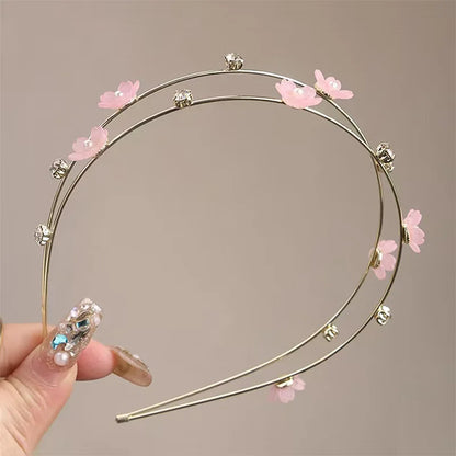 New Double Layer Metal Hairband Flower Pearl Headband for Women Headwear Shiny Rhinestone Hair Band Hoop Hair Accessories