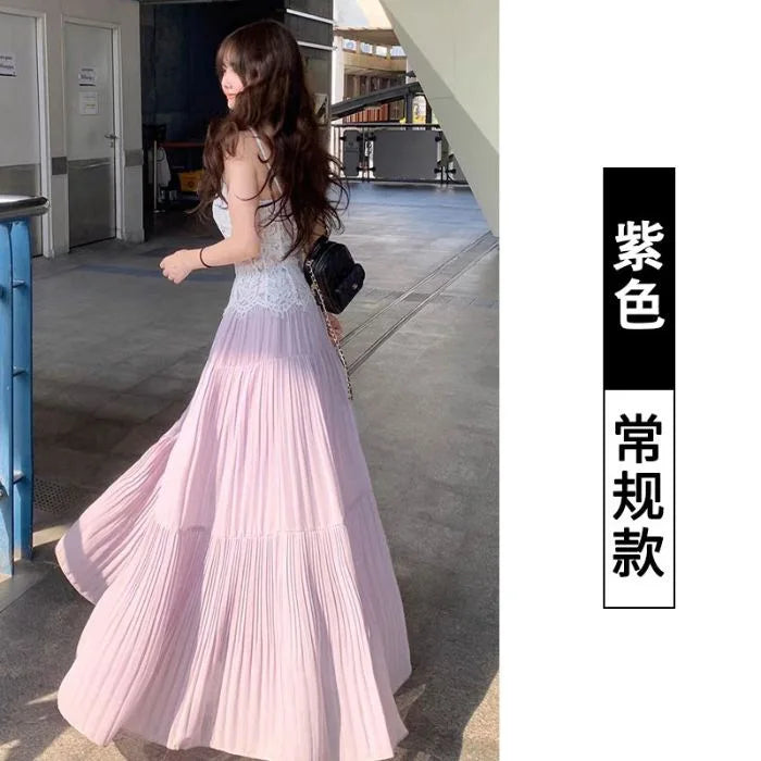 Sweet Purple Pleated High Waist A- Line Long Skirt Women's Fashion Spring Summer New Style Slimming Hip Covering Half-length S..