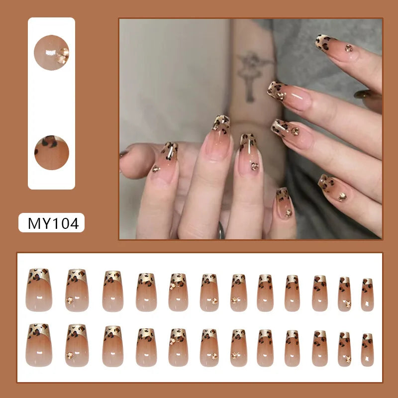 Caramel Flower 24 Pcs Press on Nails Pink Gradient Fake Nails Glossy Artificial Finger Manicure Reusable False Nails for Women