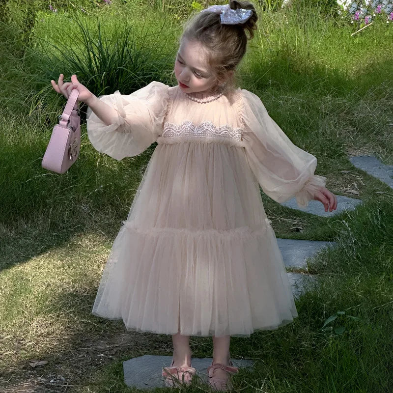Girls' New Pink Stylish Lace Patchwork Puffy Tulle Birthday First Birthday New Year Princess Dress