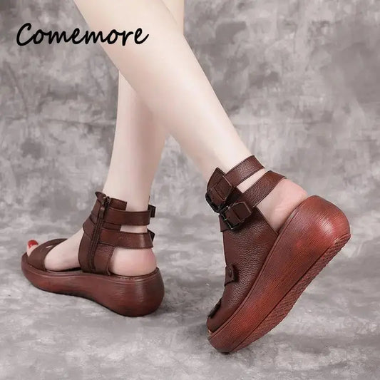 Women's Sandals Summer 2024 Mid Heeled Wedges Shoes for Women Retro Leather Gladiator Sandals Platform Rome Sandalias De Mujer
