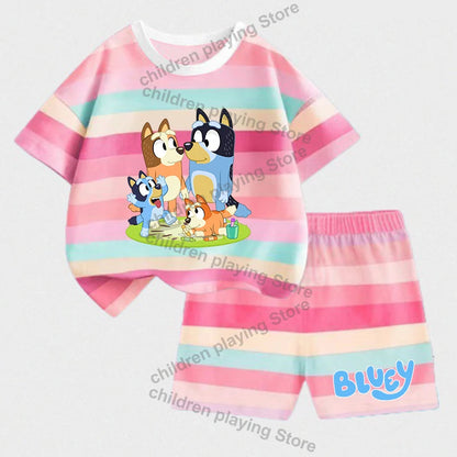 Blueyi Series Child Stripes Sets Summer Girls Boys T-Shirt Shorts Suits Cartoon Bingo Casual Sport Clothes Kids Sleepwear Gifts