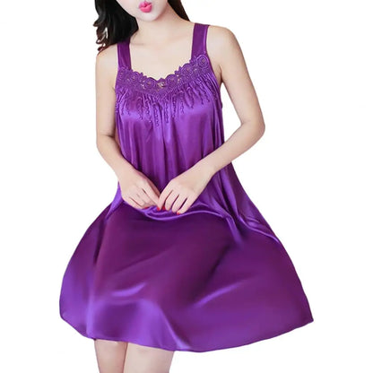 Lady Pajamas Solid Color Smooth Lace Patchwork Night Dress Comfortable Ventilate Casual Fashion Summer Women Night Gown Nightie