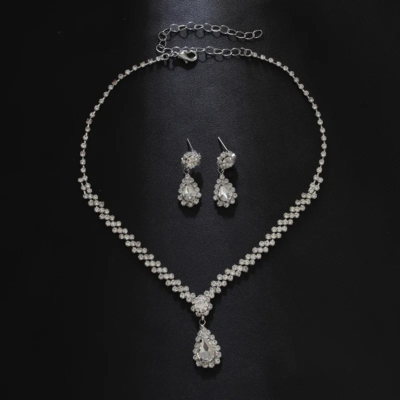 2Pcs/lot Simple Fashion Geometric Zircon Necklace Earrings Kit For Women Wedding Bride Jewelry Set Accessories Gift