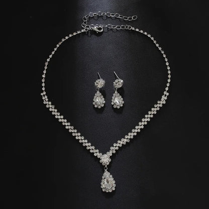 2Pcs/lot Simple Fashion Geometric Zircon Necklace Earrings Kit For Women Wedding Bride Jewelry Set Accessories Gift