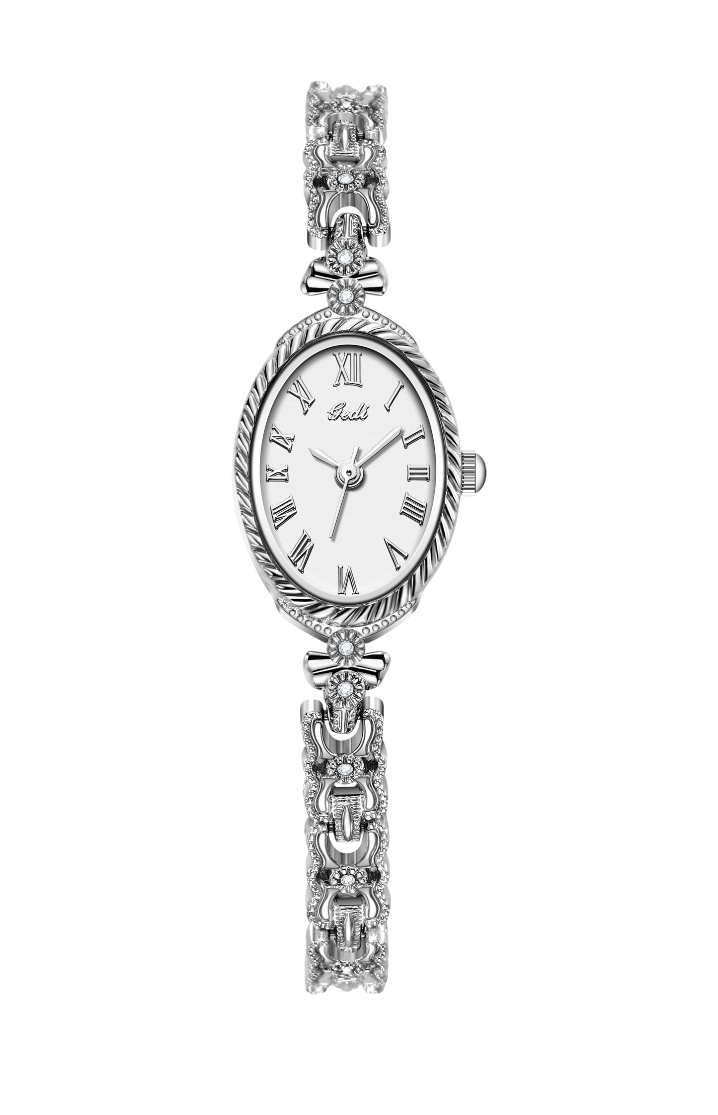 2025 NEW Vintage Silver Women's Watches GEDI Roman Numeral Display Oval Dial Woman's Quartz Wristwatch Clock Gift Accessories