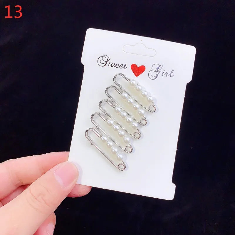 6pc Pearl Brooches Set Waist Buckle Cardigan Jeans Button Brooch Pins Women Sweater Coat Anti Fall Pearls Clothes Pin Decoration