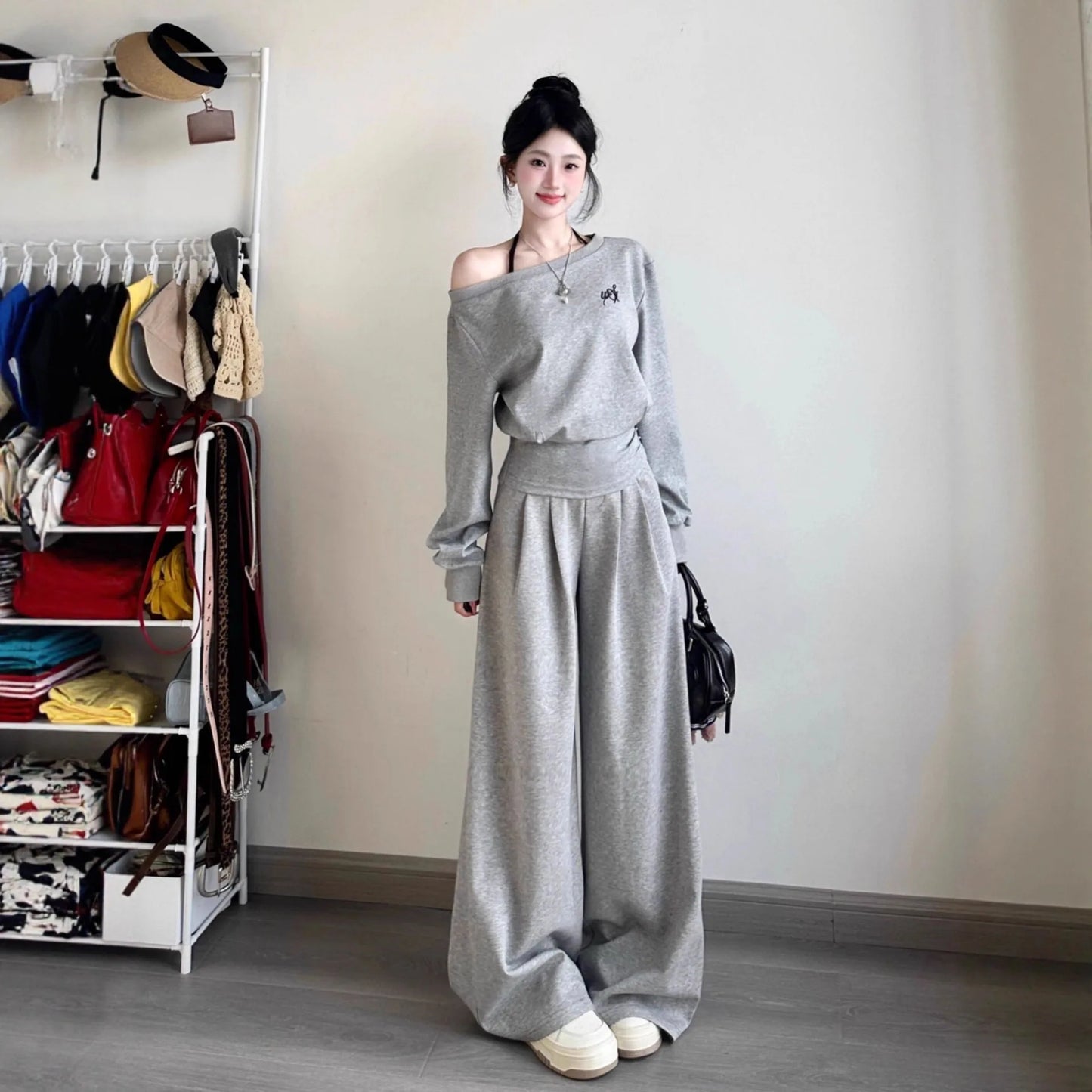 Elegant Shoulder Casual Sporty Loose Women's Short Sleeve Two-Piece Set Korean Style Fashion Wide Leg Pants Slimming
