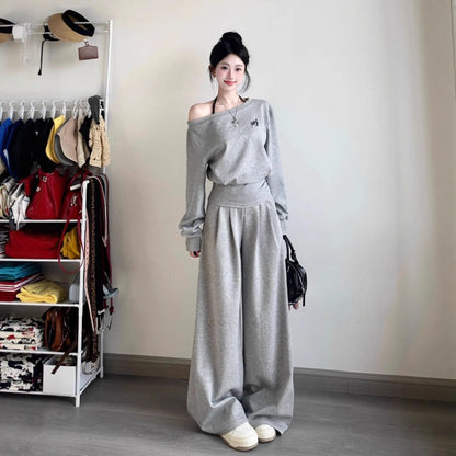 Elegant Shoulder Casual Sporty Loose Women's Short Sleeve Two-Piece Set Korean Style Fashion Wide Leg Pants Slimming