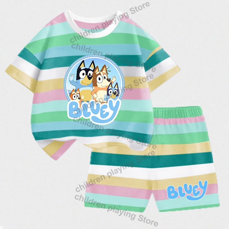 Blueyi Series Child Stripes Sets Summer Girls Boys T-Shirt Shorts Suits Cartoon Bingo Casual Sport Clothes Kids Sleepwear Gifts