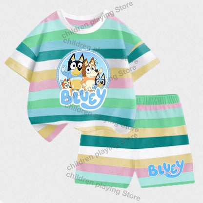 Blueyi Series Child Stripes Sets Summer Girls Boys T-Shirt Shorts Suits Cartoon Bingo Casual Sport Clothes Kids Sleepwear Gifts