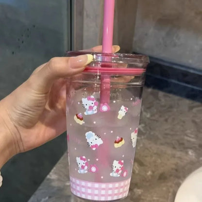 Hello Kitty Pink Straw Cup with Lid Plastic Student Portable Cup KT Cat Large-Capacity Transparent Plastic Water Cup Girl Gift