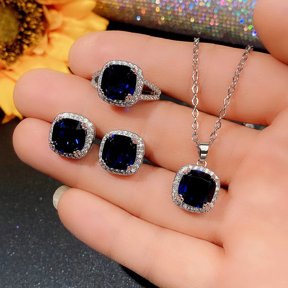 European and American Jewelry Set, Fashionable Square Sapphire Blue Zircon Series, Luxurious and Elegant Jewelry Accessories
