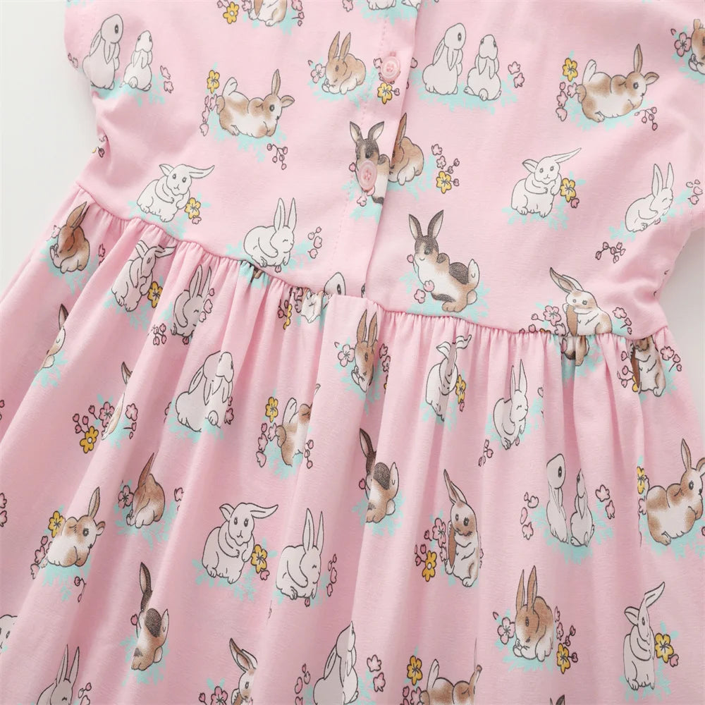 3-8T Summer Girls Dresses Rabbits Printed Buttons Short Sleeve Party Birthday Frocks Children's Costume Baby Dresses