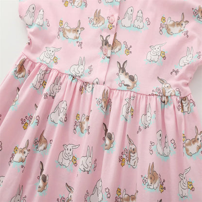 3-8T Summer Girls Dresses Rabbits Printed Buttons Short Sleeve Party Birthday Frocks Children's Costume Baby Dresses
