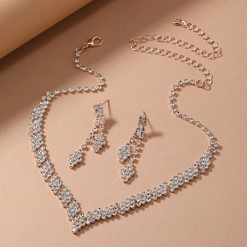 2Pcs/lot Simple Fashion Geometric Zircon Necklace Earrings Kit For Women Wedding Bride Jewelry Set Accessories Gift