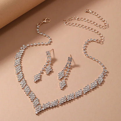 2Pcs/lot Simple Fashion Geometric Zircon Necklace Earrings Kit For Women Wedding Bride Jewelry Set Accessories Gift
