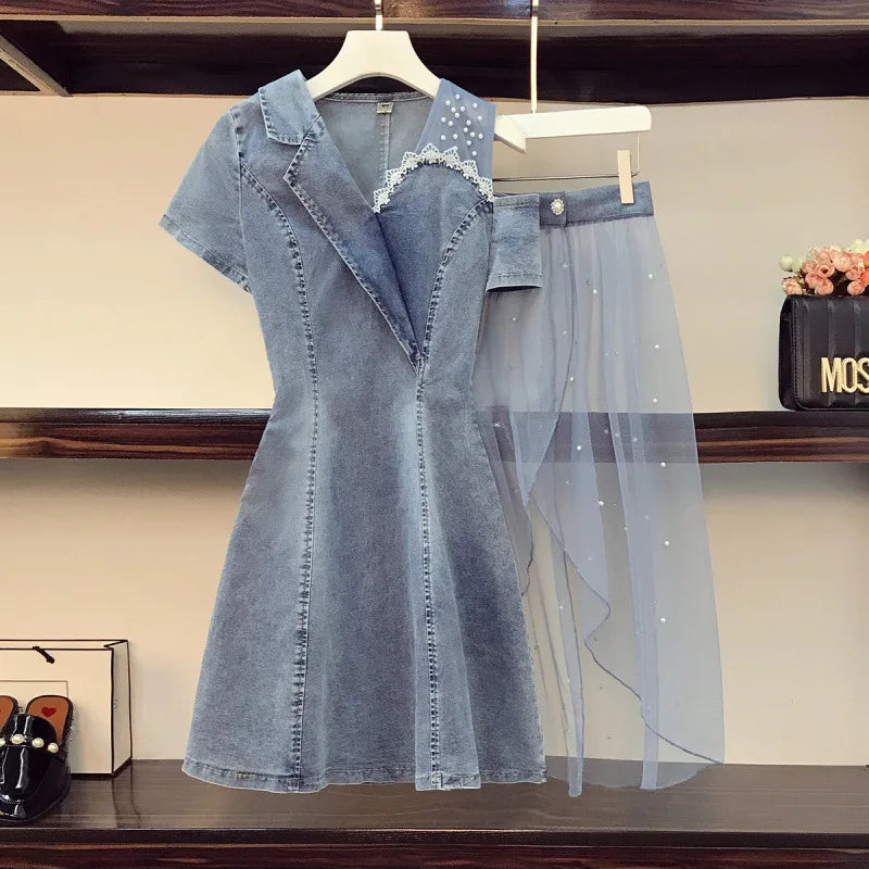Fashionable Denim Two-Piece Set Women's Shoulder Bared Dress Design Sensation Summer Slimming Goddess Style Skirt Trendy