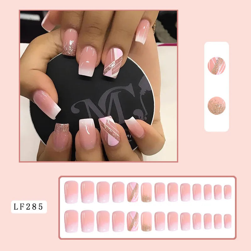24Pcs Press on Fake Nails Short Medium French Acrylic Full Cover False Nail With Glue Kit Mini File Manicure for Women and Girls