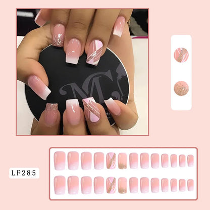 24Pcs Press on Fake Nails Short Medium French Acrylic Full Cover False Nail With Glue Kit Mini File Manicure for Women and Girls